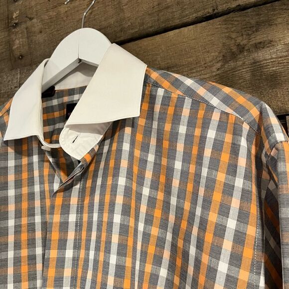 Steven Land gray and orange checked dress shirt - 16.2 - Picture 3 of 7